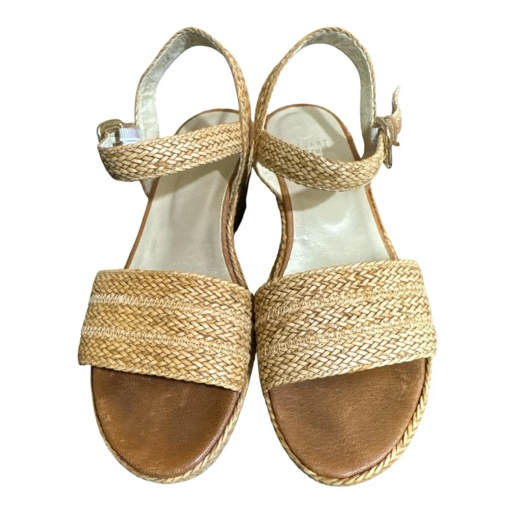Stuart Weitzman Barbados Tan Woven Wicker Chunky Wedge Sandals - Picture 2 of 7